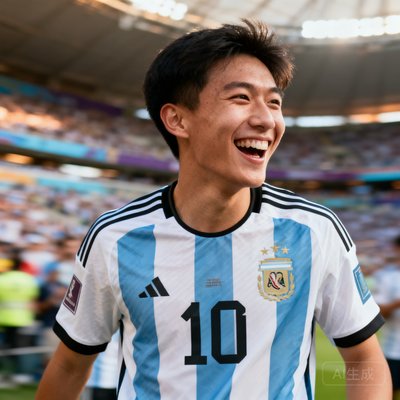 年轻男球迷小王,世界杯阿根廷球迷,身穿10号球衣,面带笑容